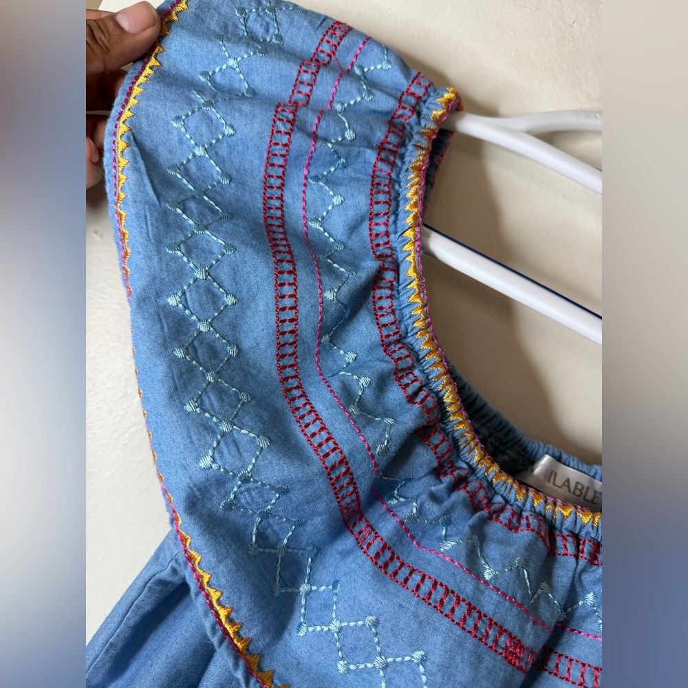 Available Blue Embroidered Chambray Boho Tunic Dress Size Large - Picture 4 of 9